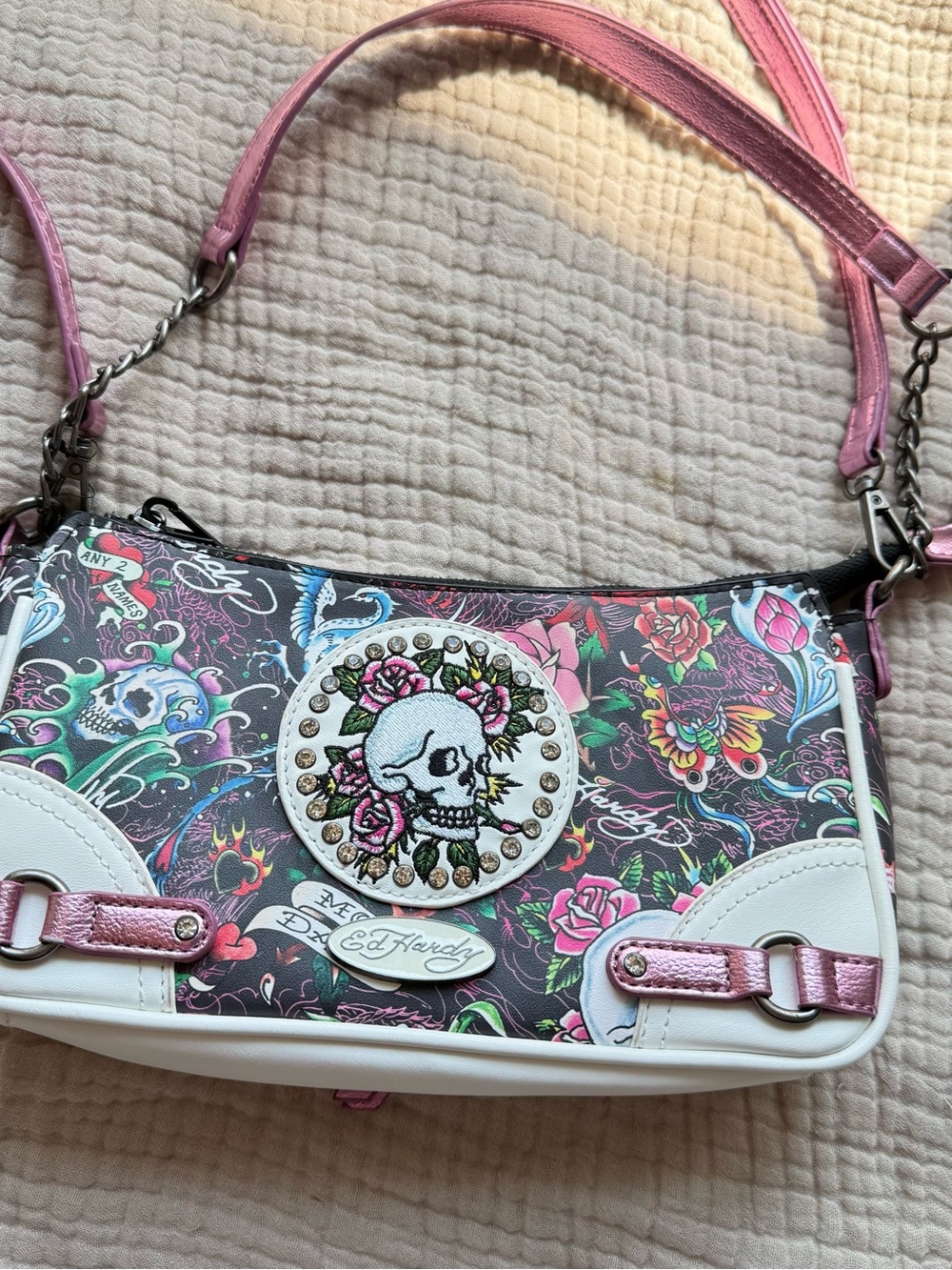 Ed Hardy Black Floral Skull Crossbody with Pink Accents